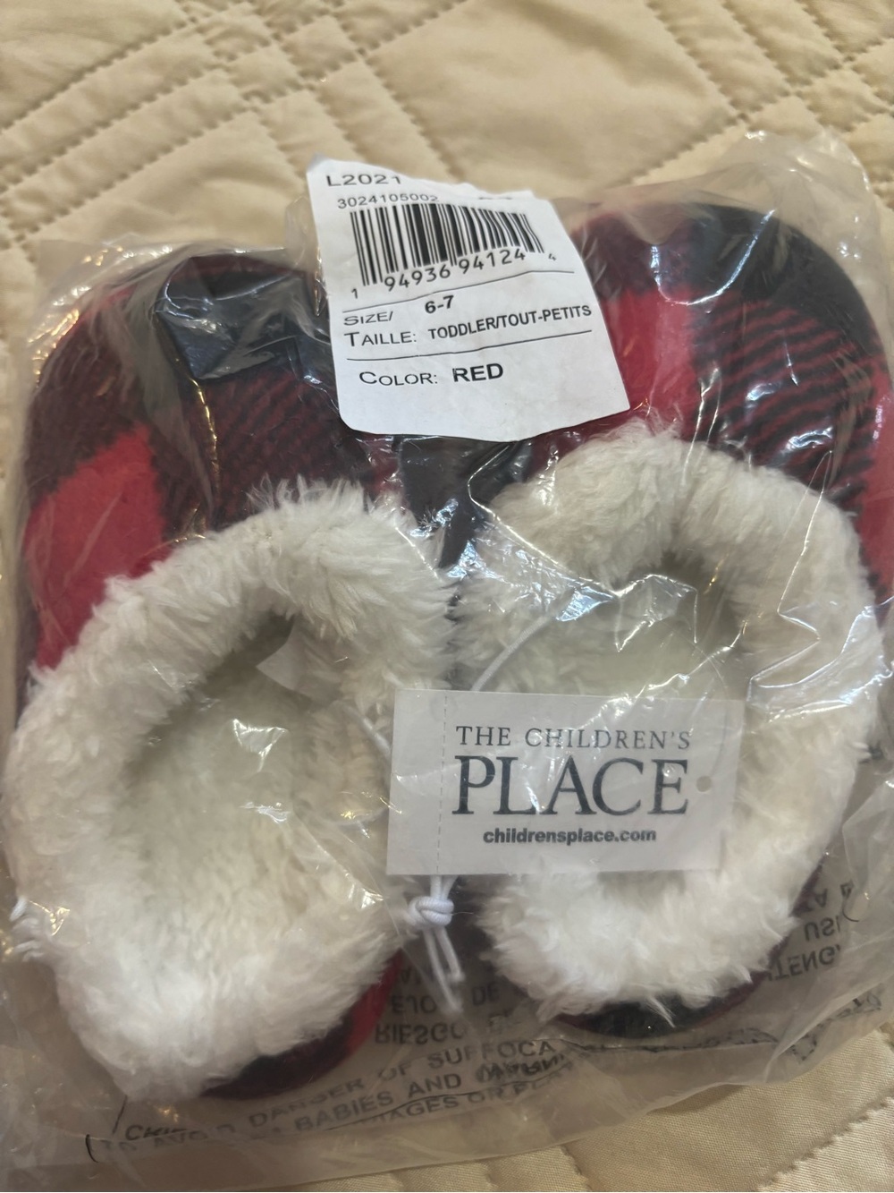 The Children's Place 6-7T Red Plaid Fleece-Lined Toddler Slippers